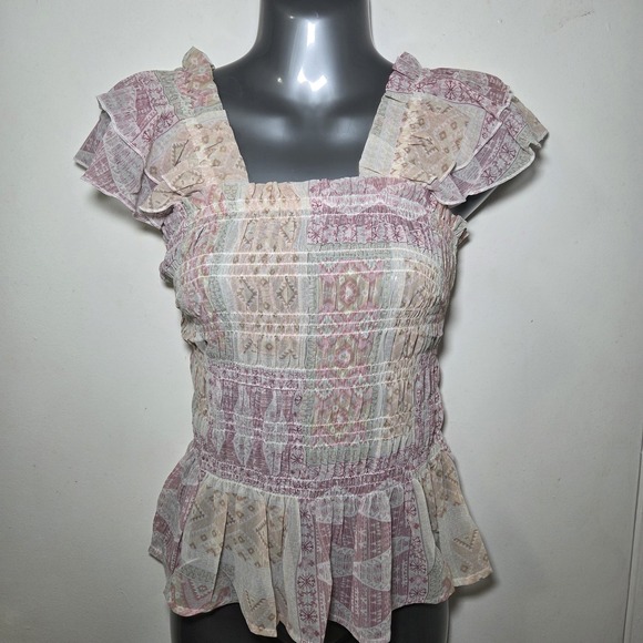 blue b Tops - Pink Boho Smocked Peplum Sheer Top Ruffle Sleeve Geometric Patchwork Size‎ S